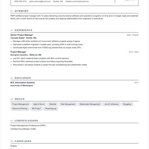 Puede incluir: Un documento de currículum profesional para Aisha Rahman, gerente de proyectos senior. El texto incluye datos de contacto, un resumen, experiencia laboral en Cascade Digital y Evergreen Systems, educación de la Universidad de Washington, habilidades y certificaciones.
