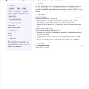 May include: A professional resume for Jason Park, a full stack software developer. The document lists contact information, skills including JavaScript, React, and Node.js, certifications, languages, projects, a summary, work experience, and education.