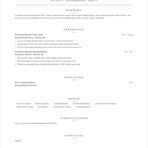 May include: A professional curriculum vitae for Daniel Foster, a Customer Service Team Lead based in Atlanta, GA. The document details seven years of experience, including roles at Summit Retail Group and Peachtree Telecom, education, skills, and certifications.