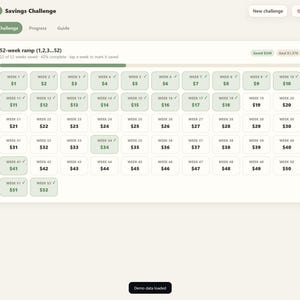 May include: A digital savings challenge interface titled 52-week ramp (1,2,3...52) featuring a grid of fifty-two rectangular buttons labelled Week 1 through Week 52 with corresponding dollar amounts. Some buttons are highlighted in green with checkmarks.