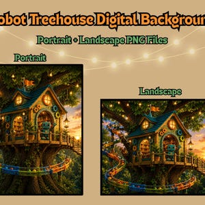 May include: Robot Treehouse Digital Background featuring portrait and landscape PNG files. The image displays a whimsical treehouse with a blue roof, gears, and a small robot on a balcony, surrounded by a winding track and string lights at sunset.