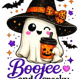May include: A white ghost wearing a black witch hat with an orange bow, holding an orange pumpkin-faced cup with a straw. The illustration features black bats, purple and orange stars, and the purple text Boojee and spooky with small hearts.