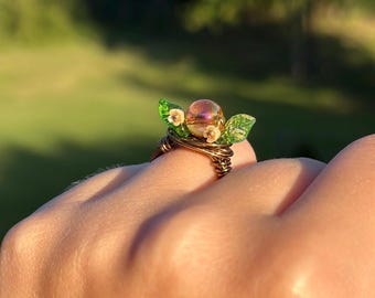 Handmade Wire-Wrapped Ring: Iridescent Gemstone, Green Leaves, Boho Style