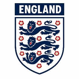 May include: A shield-shaped emblem featuring the word ENGLAND in white text on a dark blue rectangular header. The white shield contains three dark blue lions stacked vertically, interspersed with ten small red and white Tudor rose symbols.