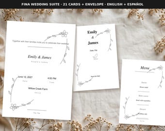 Inviti di nozze Fine Line, design minimalista in bianco e nero con motivi botanici, 21 partecipazioni in formato PDF compilabili.