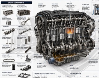 May include: An educational poster titled Engine Anatomy featuring a detailed central illustration of an internal combustion engine, surrounded by labeled diagrams of engine components, the 4-stroke cycle, engine systems, and engine specifications.