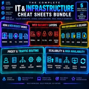 May include: A digital bundle of five IT and infrastructure cheat sheets featuring neon-style graphics. The charts illustrate technical concepts like web requests, security layers, performance, traffic routing, and scalability with icons and labels.