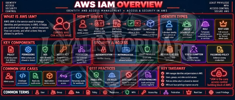 May include: A dark-themed educational infographic titled AWS IAM OVERVIEW, featuring neon-colored icons and text boxes explaining identity and access management concepts, including identity types, key components, security, and best practices.