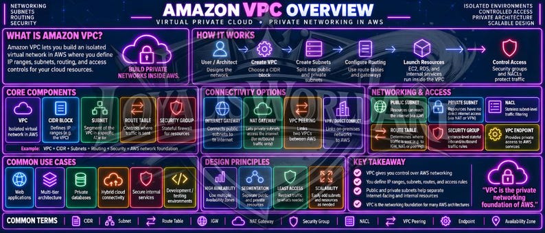 May include: An Amazon VPC overview infographic with a dark background and neon purple outlines. It features sections on core components, connectivity options, networking, access, and design principles, using icons and text to explain AWS cloud networking.