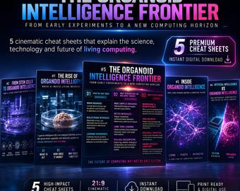 May include: A set of five digital cheat sheets titled The Complete Visual Guide to The Organoid Intelligence Frontier. The posters feature dark blue and purple gradients, scientific imagery of neural networks, and text detailing living computing.