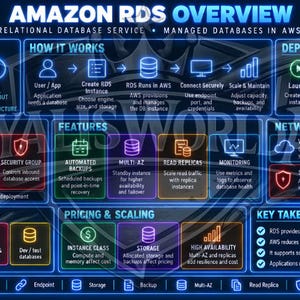 May include: A dark blue infographic titled Amazon RDS Overview, featuring neon-style icons and text boxes detailing relational database services, including sections on how it works, deployment, key components, features, networking, and use cases.