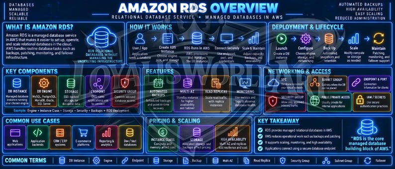 May include: A dark blue infographic titled Amazon RDS Overview, featuring neon-style icons and text boxes detailing relational database services, including sections on how it works, deployment, key components, features, networking, and use cases.