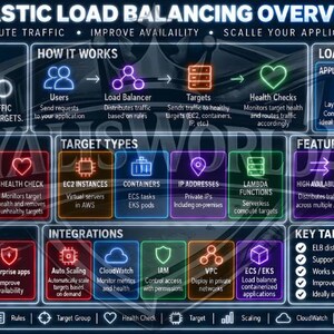 May include: A dark-themed infographic titled Elastic Load Balancing Overview, featuring neon-colored icons and text boxes detailing load balancer types, key components, target types, features, benefits, common use cases, integrations, and key takeaways.