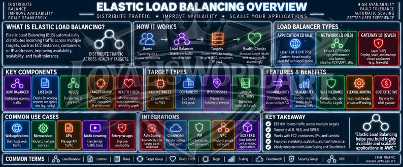 May include: A dark-themed infographic titled Elastic Load Balancing Overview, featuring neon-colored icons and text boxes detailing load balancer types, key components, target types, features, benefits, common use cases, integrations, and key takeaways.