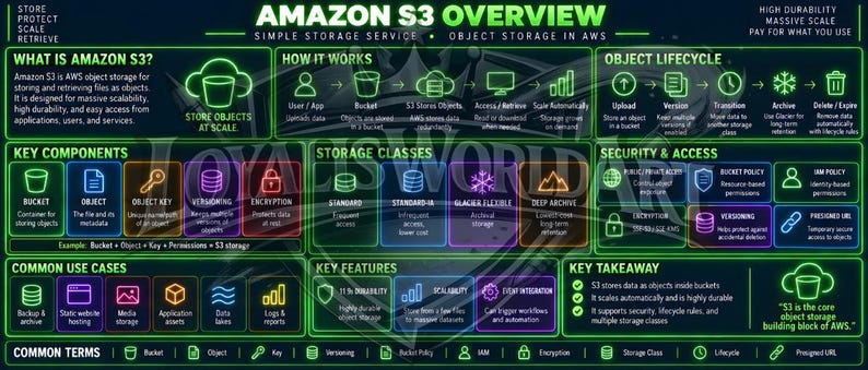 May include: A dark-themed infographic titled Amazon S3 Overview, detailing AWS object storage. It features neon-colored icons and text boxes explaining how it works, object lifecycle, storage classes, security, key components, and common use cases.