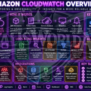 May include: An Amazon CloudWatch overview infographic with a dark purple background and neon-colored icons. It details monitoring and observability features, including metrics, logs, alarms, and dashboards, with text explaining AWS resource management.
