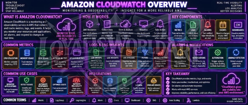 May include: An Amazon CloudWatch overview infographic with a dark purple background and neon-colored icons. It details monitoring and observability features, including metrics, logs, alarms, and dashboards, with text explaining AWS resource management.