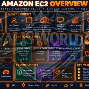 May include: An informational infographic titled Amazon EC2 Overview, featuring a dark background with orange text and icons. It details cloud computing concepts including instance lifecycle, key components, networking, pricing models, and common use cases.