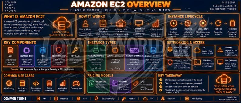 May include: An informational infographic titled Amazon EC2 Overview, featuring a dark background with orange text and icons. It details cloud computing concepts including instance lifecycle, key components, networking, pricing models, and common use cases.
