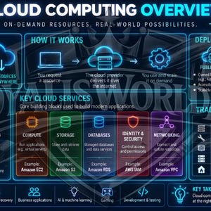May include: A dark blue infographic titled Cloud Computing Overview with neon blue text and icons. It details cloud computing concepts, deployment models, key services like compute and storage, and a comparison between traditional IT and cloud systems.
