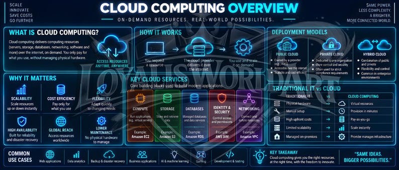 May include: A dark blue infographic titled Cloud Computing Overview with neon blue text and icons. It details cloud computing concepts, deployment models, key services like compute and storage, and a comparison between traditional IT and cloud systems.