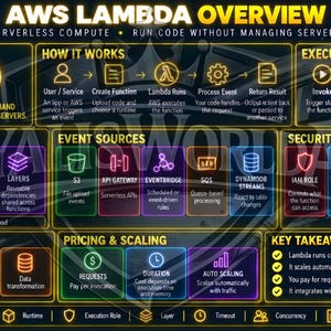 May include: An educational infographic titled AWS Lambda Overview with a dark background and yellow text. It details serverless compute concepts, execution flow, key components, event sources, security, pricing, and common use cases with icons.
