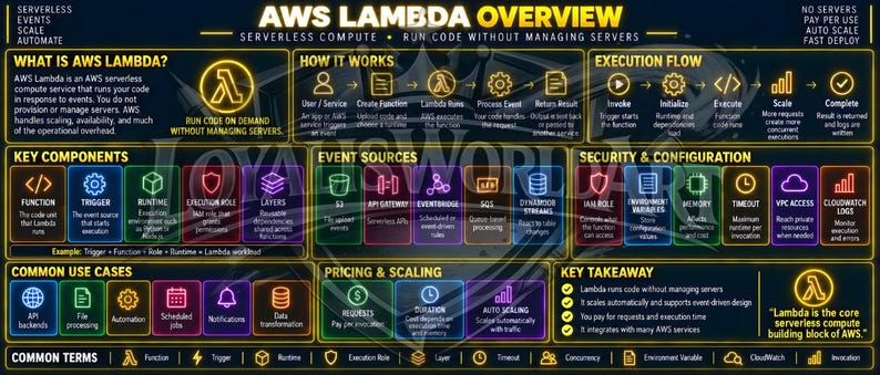 May include: An educational infographic titled AWS Lambda Overview with a dark background and yellow text. It details serverless compute concepts, execution flow, key components, event sources, security, pricing, and common use cases with icons.