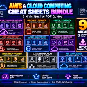 AWS Cheat Sheet Bundle | 9 Cloud Computing Study Guides |  PDF Format | Digital Download