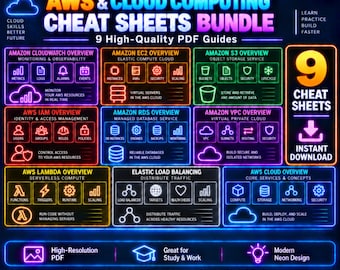 May include: A digital bundle of 9 AWS and cloud computing cheat sheets featuring neon-style graphics on a dark background. The guides cover Amazon CloudWatch, EC2, S3, IAM, RDS, VPC, Lambda, Elastic Load Balancing, and Cloud overview with icons.