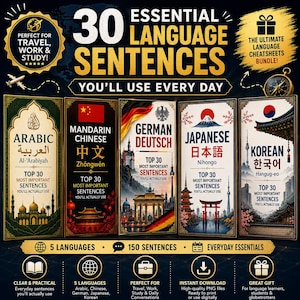 May include: A digital graphic featuring 30 Essential Language Sentences for travel, work, and study. It displays five vertical panels representing Arabic, Mandarin Chinese, German, Japanese, and Korean, each with cultural landmarks and text labels.