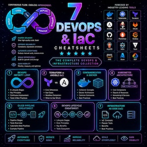 May include: A dark-themed infographic titled 7 DevOps & IaC Cheatsheets featuring a neon-coloured infinity loop, a list of industry-leading tools like Docker and Kubernetes, and seven numbered sections detailing DevOps lifecycle, IaC, and CI/CD pipelines.