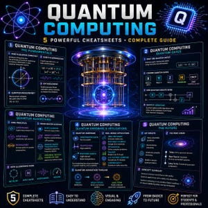May include: A digital infographic titled Quantum Computing 5 Powerful Cheatsheets Complete Guide. It features five numbered sections detailing fundamentals, gates, algorithms, hardware, and the future, centered around a glowing blue quantum processor.
