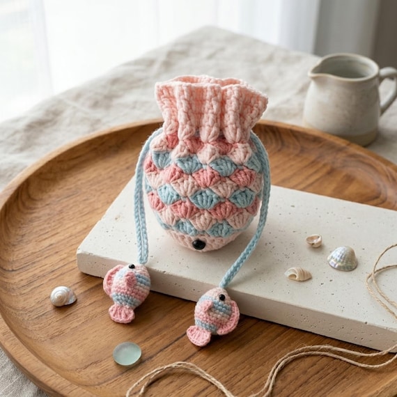 Fish-scale crochet texture makes this tiny coin purse look like it swam out of an ocean fairy tale — unmistakably hand-stitched, not mass-made.