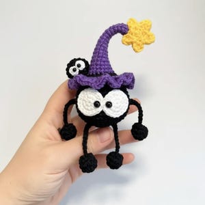 Cute Crochet Soot Sprite Keychain, Handmade Black Amigurumi Charm, Purple Wizard Hat Bag Charm, Kawaii Gift
