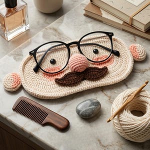 May include: An oval-shaped beige crochet glasses holder featuring a pink nose, a dark brown mustache, and two small black eyes. A pair of black-rimmed glasses rests on top of the holder. The design resembles a face with a mustache.