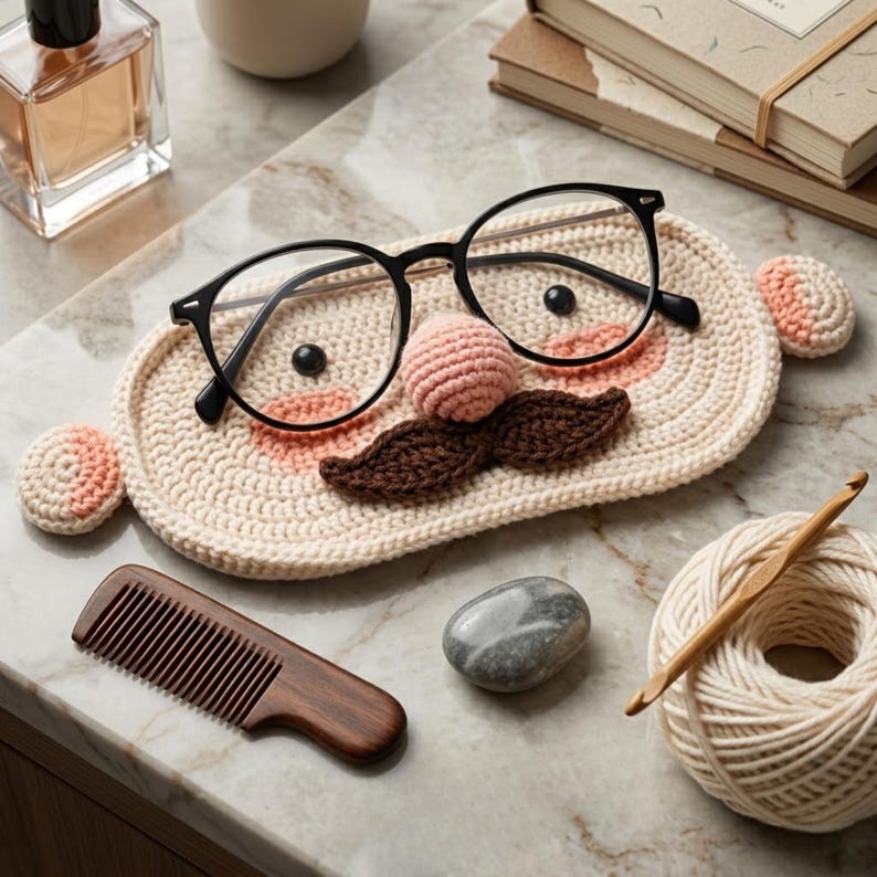 May include: An oval-shaped beige crochet glasses holder featuring a pink nose, a dark brown mustache, and two small black eyes. A pair of black-rimmed glasses rests on top of the holder. The design resembles a face with a mustache.