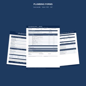 May include: A digital bundle of plumbing forms featuring an invoice, service agreement, and checklist. The documents are white with dark blue headers and text, including fields for business name, customer details, service descriptions, and payment methods.