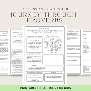 Cuaderno de trabajo imprimible para estudio bíblico sobre Proverbios para niños de 4 a 8 años. Currículo para educación en el hogar. Actividad para la lección de la escuela dominical. Escrituras cristianas para niños.