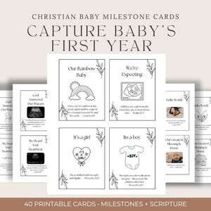 May include: A set of white Christian baby milestone cards featuring black text, line art illustrations, and scripture verses. The cards include phrases like Our Rainbow Baby, We're Expecting, It's a girl, It's a boy, and Hello World, decorated with botanical leaf accents.