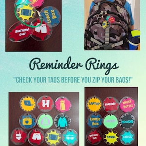 May include: A collection of circular acrylic reminder rings featuring colorful starburst-shaped backgrounds and icons or text labels such as Laptop, Homework, Water Bottle, Lunch Box, Jacket, Hoodie, Bathing Suit, Towel, and Goggles for bag organization.