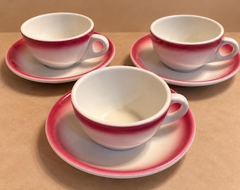 Vintage Homer Laughlin Best China kopjes en schotels set van 3 roze ombré restaurant servies retro diner koffiekopjes USA