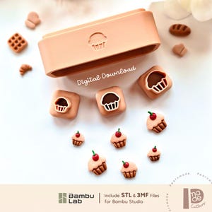 May include: A peach-coloured rectangular cookie cutter with a cupcake icon, three square cupcake-shaped stamps, and several small cupcake-shaped clay pieces with red cherries on top. The text Digital Download is visible in the centre of the image.