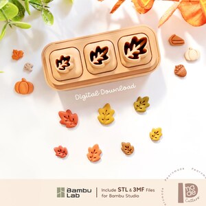 May include: A light tan rectangular mold with three square cavities containing leaf-shaped cutters. Scattered around are small clay shapes including pumpkins, acorns, and various leaves. The text Digital Download is visible.