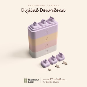 May include: A stack of four pastel-colored rectangular blocks with three purple cutter attachments on top. Three additional purple cutters and three small star-shaped cutouts are placed in front. Text reads Pearnmade Cutters Digital Download.
