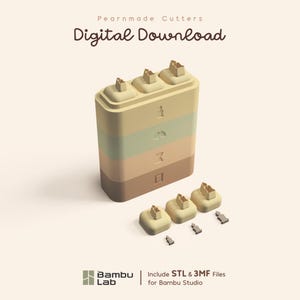 May include: A multi-layered, rectangular beige and brown stackable cutter set with three top-mounted shapes. Text reads: Pearnmade Cutters, Digital Download, Bambu Lab, Include STL & 3MF Files for Bambu Studio. Three individual cutters sit in front.