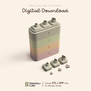 May include: A multi-colored stackable cutter set with the text Pearnmade Cutters Digital Download and Bambu Lab Include STL & 3MF Files for Bambu Studio. The set features four pastel-toned segments with embossed icons and three small heart-shaped cutters.