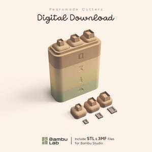 Puede incluir: Un conjunto de cortadores de galletas apilables en beige y verde con el texto Pearnmade Cutters Digital Download y Bambu Lab Include STL & 3MF Files for Bambu Studio. Los cortadores presentan varias formas geométricas y diseños en relieve.