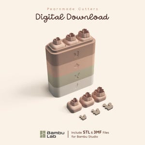 May include: A set of Pearnmade Cutters for digital download, featuring a stackable multi-colored block with animal-shaped molds and three individual cutters, plus three small animal-shaped cutouts. Text reads: Pearnmade Cutters, Digital Download, Bambu Lab, Include STL & 3MF Files for Bambu Studio.