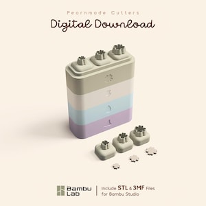 Può includere: Un set di tagliapasta modulari impilabili multicolore con etichetta per il download digitale. Il testo recita Pearnmade Cutters, Digital Download e Bambu Lab Include STL & 3MF Files for Bambu Studio. Il set include vari tagliapasta a forma di fiore.