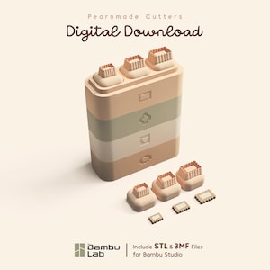 May include: A digital download set of Pearnmade Cutters featuring a tall, multi-colored block with three top-mounted cutters, three separate base cutters, and three small rectangular stamps. Text reads Pearnmade Cutters, Digital Download, Bambu Lab, and Include STL & 3MF Files for Bambu Studio.
